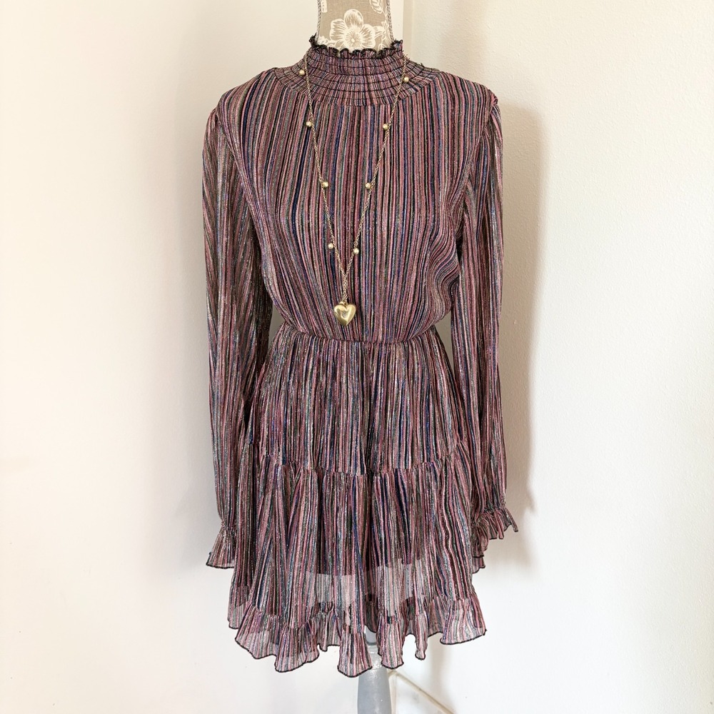 OPT Womens XS Metallic Striped Tiered Mini Dress Mock Neck Long Sleeve